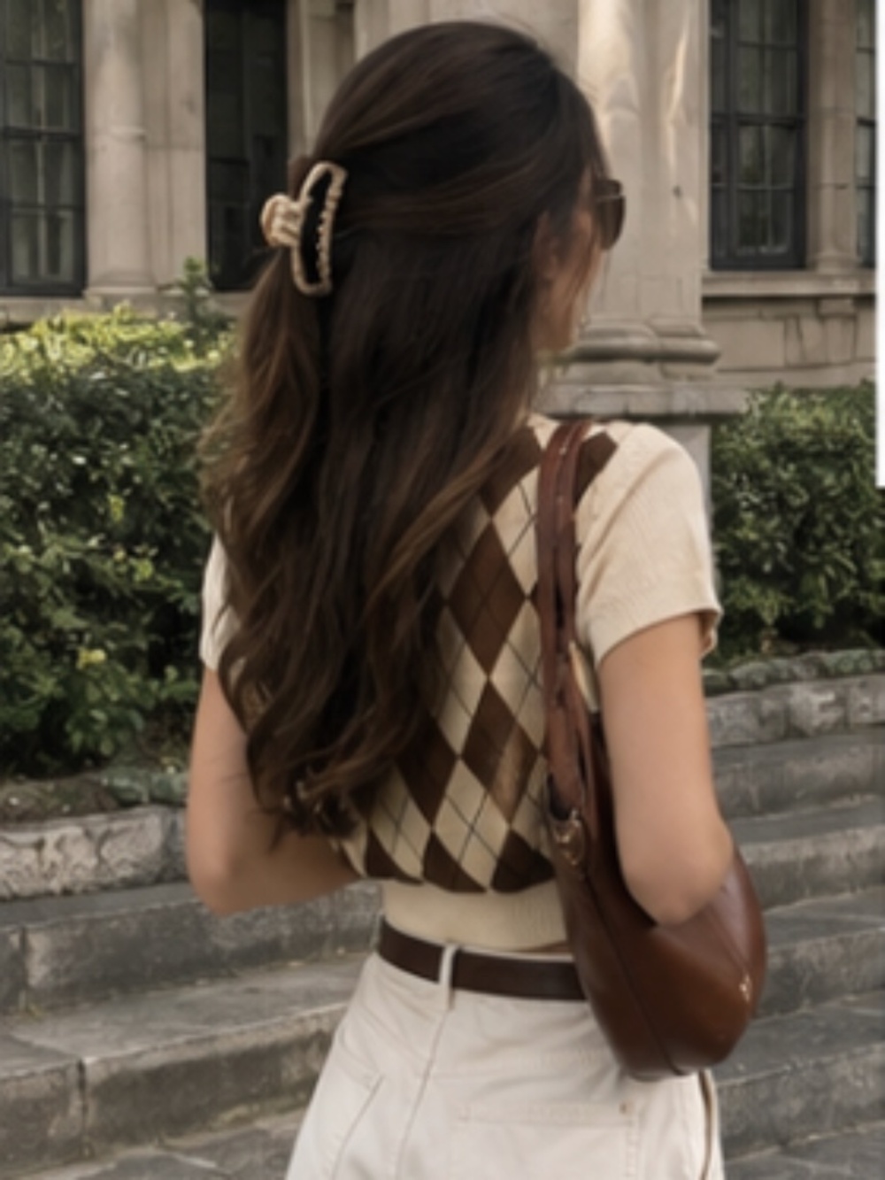 cropped sweater with brown and cream checkered pattern